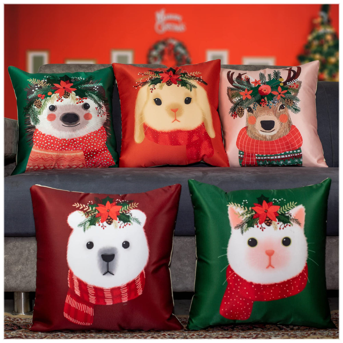 Vendola Decorative Merry Christmas Satin Cushion Cover 20 Inch x 20 Inch Set of 5, 20X20 Cushion Cover, Cute Festive Animal, Red & Green Colour, Throw Pillow Covers for Home Décor (20X20 Inches)
