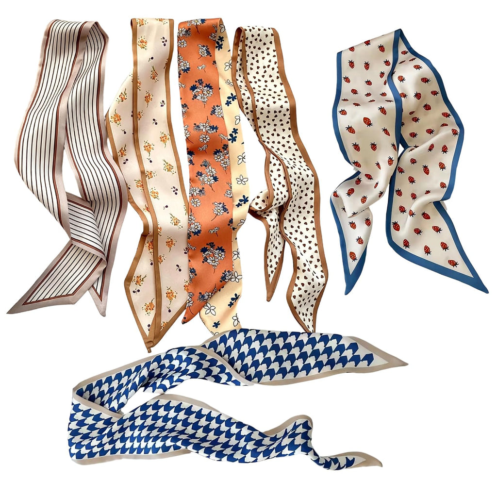 6 Pcs Various Floral Patterns Satin Scarf for Hairs, Bohemian Head Scarf for Women Stylish Hair Scarfs, Great for Hair Styling or Handbag Ribbon Accessories of Women (90×7cm)