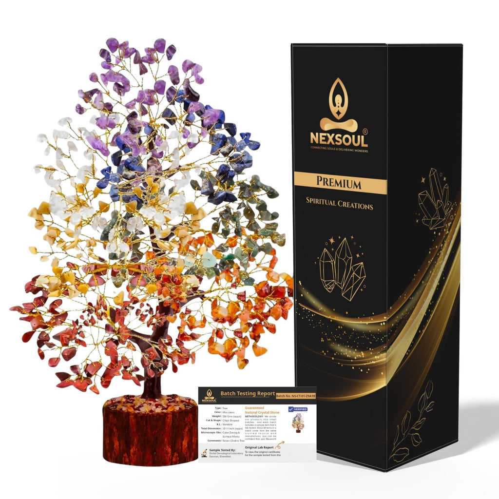 NEXSOUL 7 Chakra Crystal Tree (300 Beads) – Amethyst, Lapis, Citrine & Natural Gemstones on Golden Wire Bonsai – Vastu & Feng Shui Money Tree for Living Room & Office – Certified Spiritual Gift
