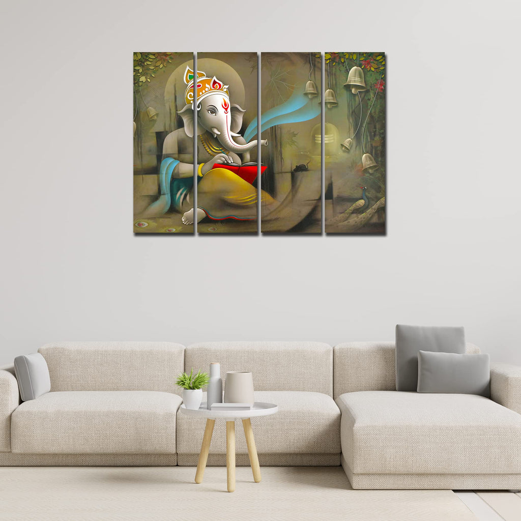 VIBECRAFTS 4 Pieces Beautiful Shree Ganesh Canvas Wall Painting Fitted With Wooden Frame For Home | Office | Living Room | Gift(PTVC4Pcs1_13527)