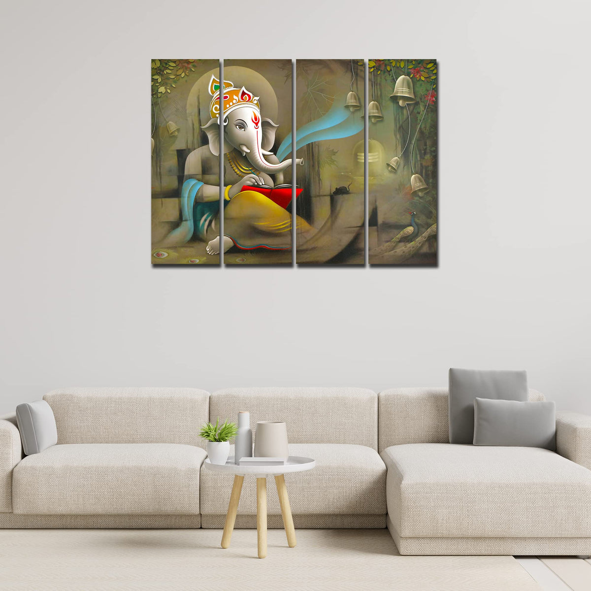 VIBECRAFTS 4 Pieces Beautiful Shree Ganesh Canvas Wall Painting Fitted With Wooden Frame For Home | Office | Living Room | Gift(PTVC4Pcs1_13527)