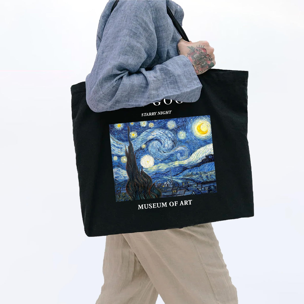 Darkbuck Canvas Tote Bag For Women & Men Shoulder Unisex Zipper Lock Black Totebag - The Starry Night