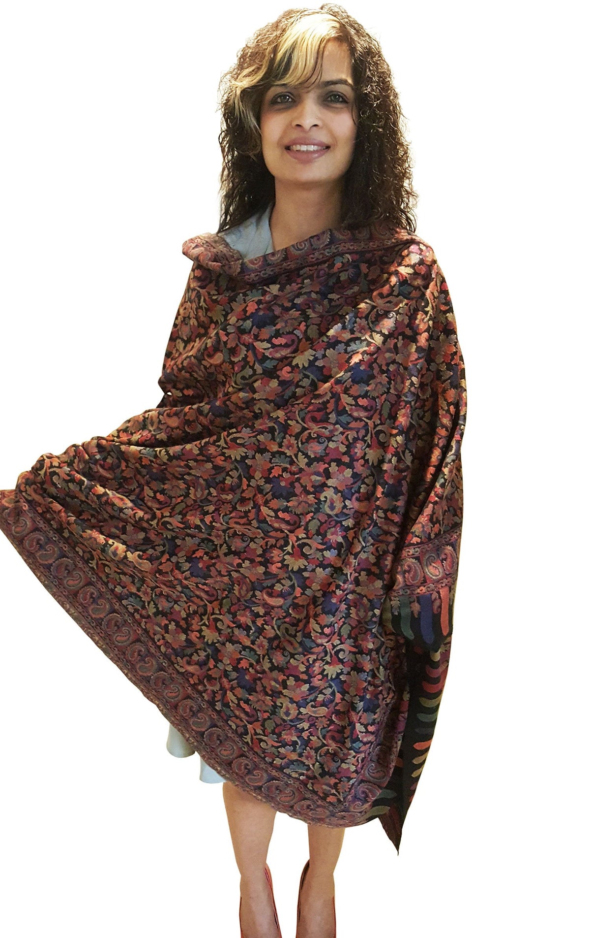 Mehrunnisa Jamawar Kani 100% Pure Wool Shawl Wrap From Kashmir (Black)