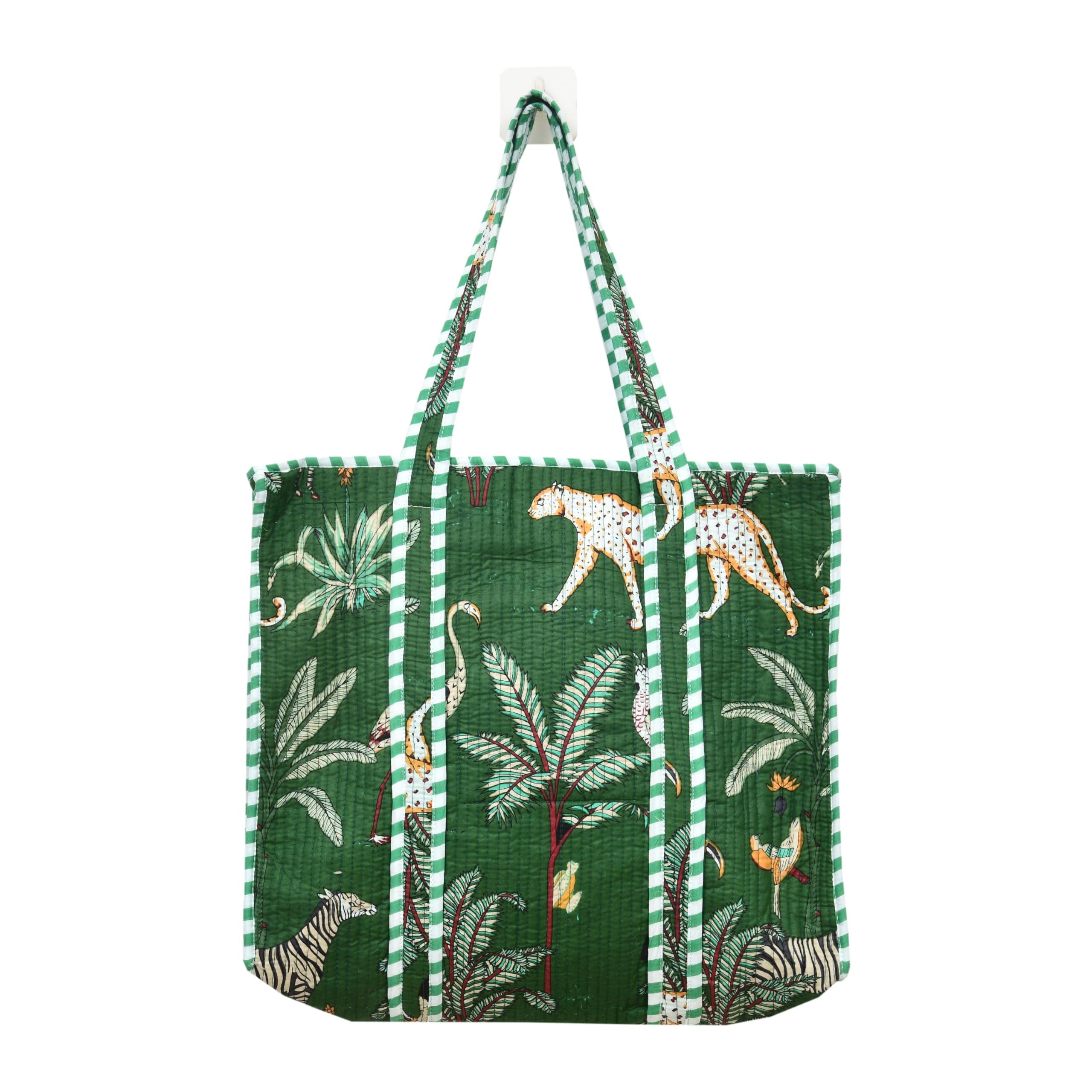 MITTICO Quilted Cotton Tote Bag for Women – Large Shoulder Handbag with Zipper & Multiple Pockets | Lightweight Travel Tote for Office, Shopping & Daily Use | Green Jungle Print