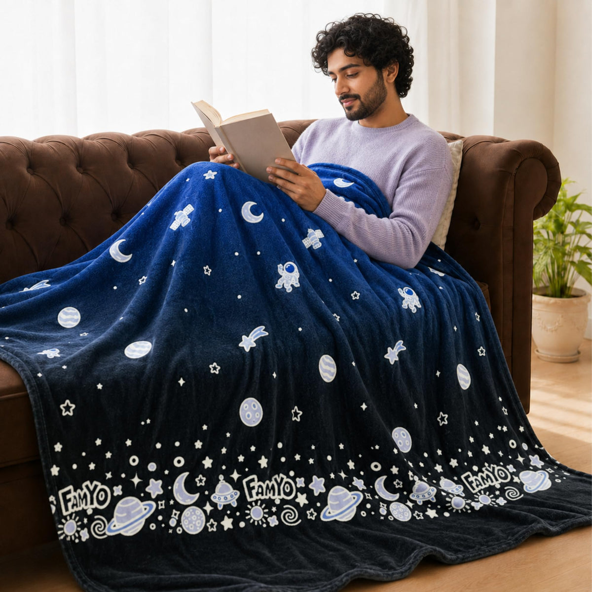 Famyo® GlowMaxx AC Blanket for Adults, Glow in the Dark Soft Flannel Blanket | 200×152 cm Double Bed Size | Lightweight Summer Blanket for AC Rooms, Lab-Tested & Skin-Friendly (Dark Blue) Kafalo