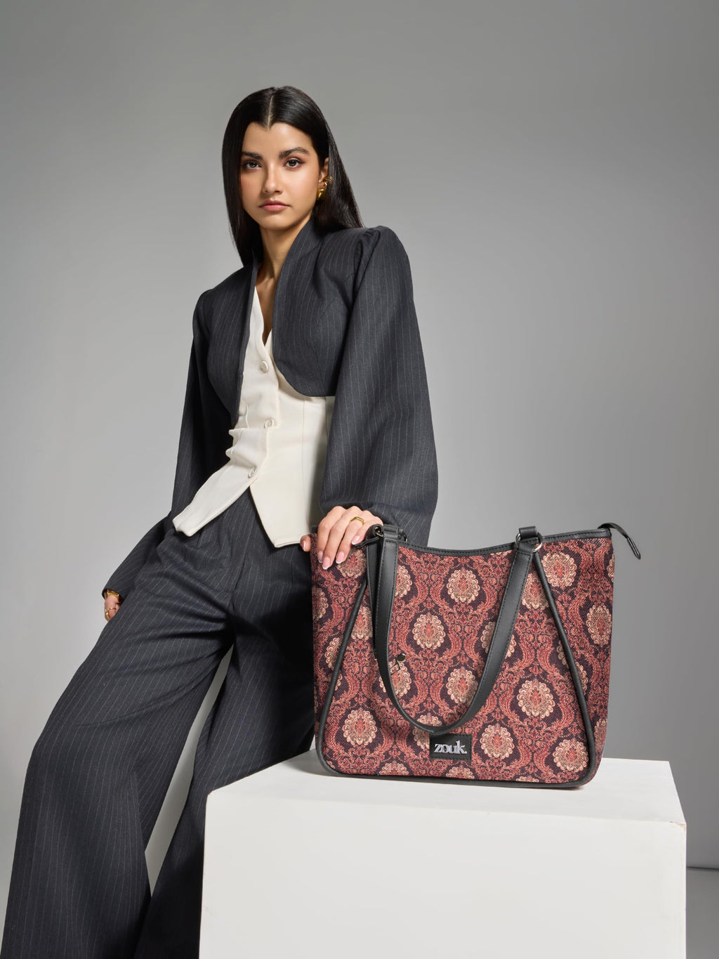 ZOUK Naisha Brown Motif Tote Bag for Women | Vegan Leather Large Shoulder Handbag with Bottle Holder, Multiple Pockets & Water-Resistant Lining | Office, Travel & Daily Use | Jodhpur Damask