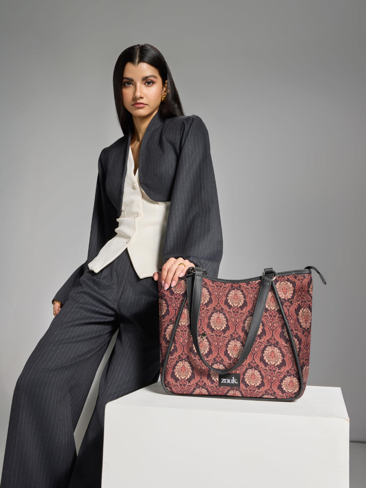 ZOUK Naisha Brown Motif Tote Bag for Women | Vegan Leather Large Shoulder Handbag with Bottle Holder, Multiple Pockets & Water-Resistant Lining | Office, Travel & Daily Use | Jodhpur Damask