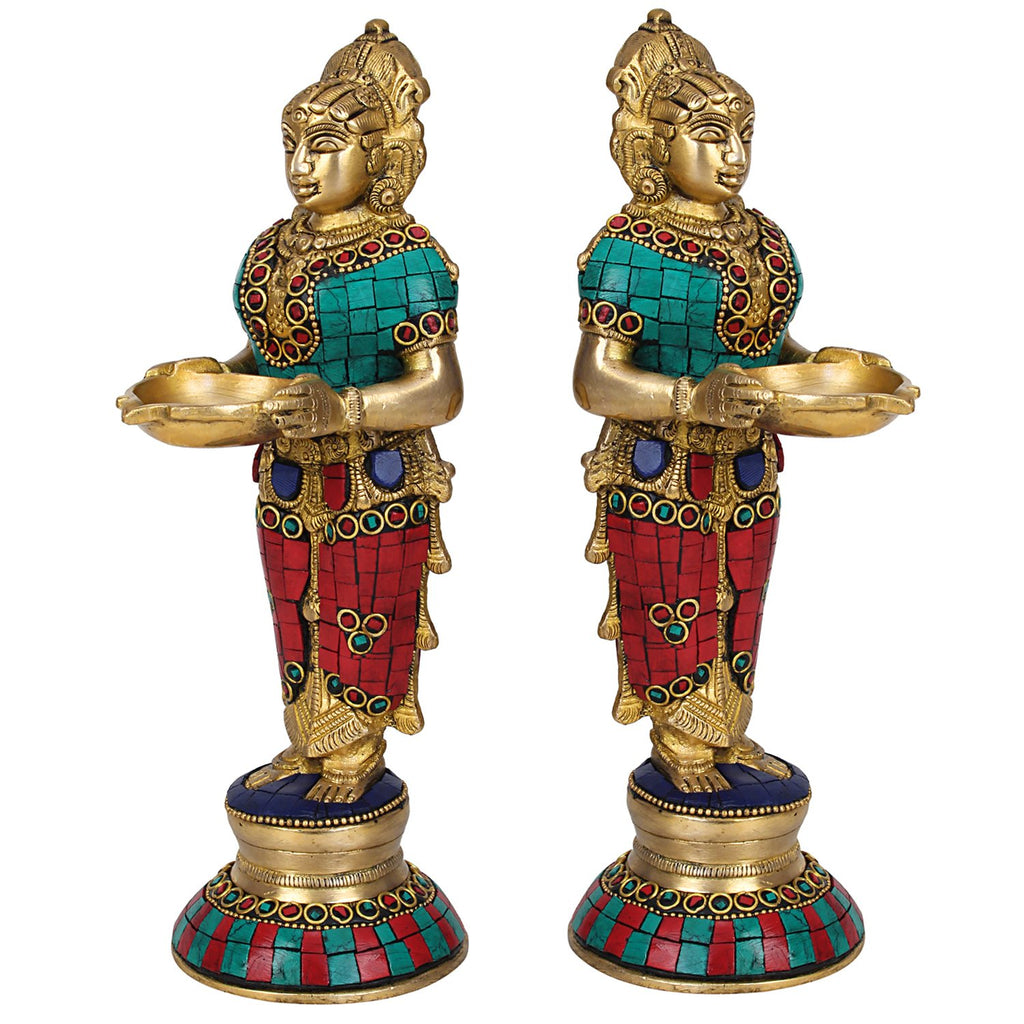 Artvarko Brass Deep Laxmi Pair (Set of Two) Deeplaxmi Devi Meenakshi Diya Lady Holding Oil Lamp Diwali Gift Multicolor 9 Inch