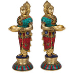 Artvarko Brass Deep Laxmi Pair (Set of Two) Deeplaxmi Devi Meenakshi Diya Lady Holding Oil Lamp Diwali Gift Multicolor 9 Inch
