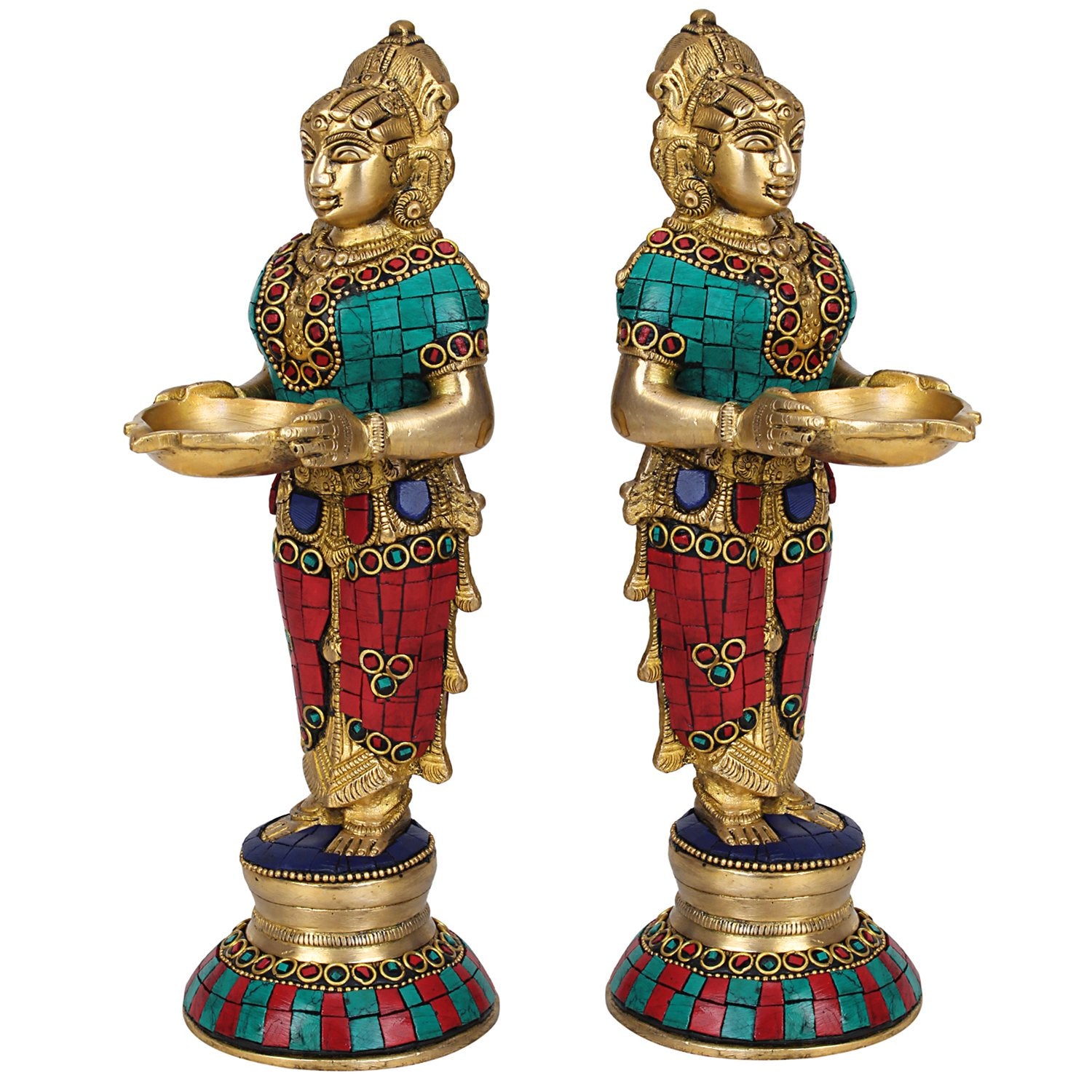 Artvarko Brass Deep Laxmi Pair (Set of Two) Deeplaxmi Devi Meenakshi Diya Lady Holding Oil Lamp Diwali Gift Multicolor 9 Inch