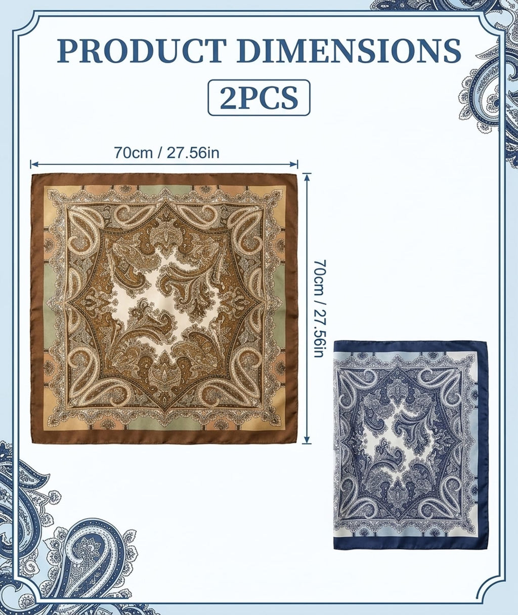 NHCDFA 2PCS Scarf for Women Stylish Bandanas for Women, Versatile Fashion Accessory for Daily Styling and Special Occasions, Set of 2 Retro Print Square Scarves in Caramel and Navy Blue