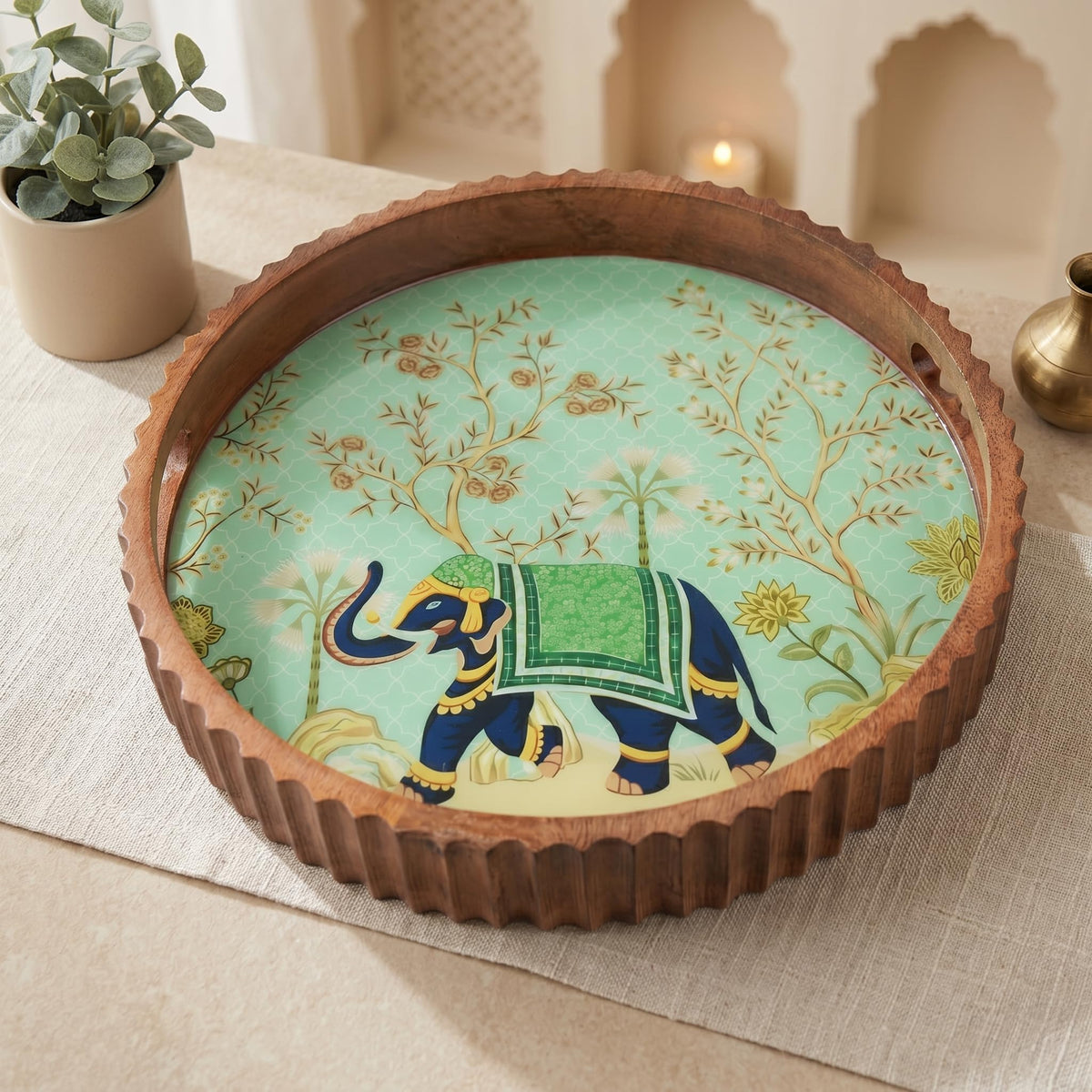 HomeShastra Round Wooden Serving Tray | 12 Inch Hand-Carved Mango Wood Tray with Elephant Heritage Print | Tea & Coffee Serving Tray with Handles | Decorative Home Décor