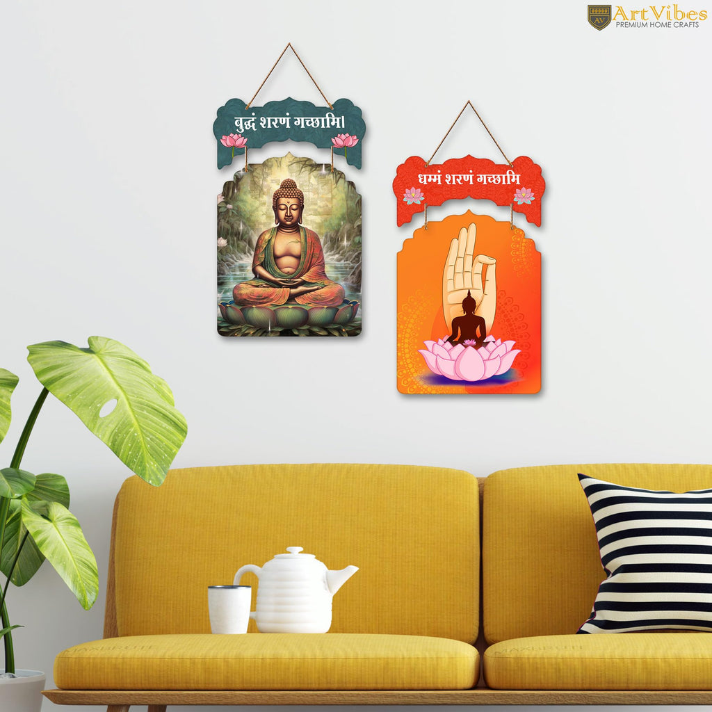 Artvibes Gautam Buddha Meditating Wooden Wall Haning for Living Room | Spiritual Decor Items | Wall Art Painting For Hall | Wall Paintings | Handcrafted Art | Poster | Gift Items (WH_9213N), Set of 2