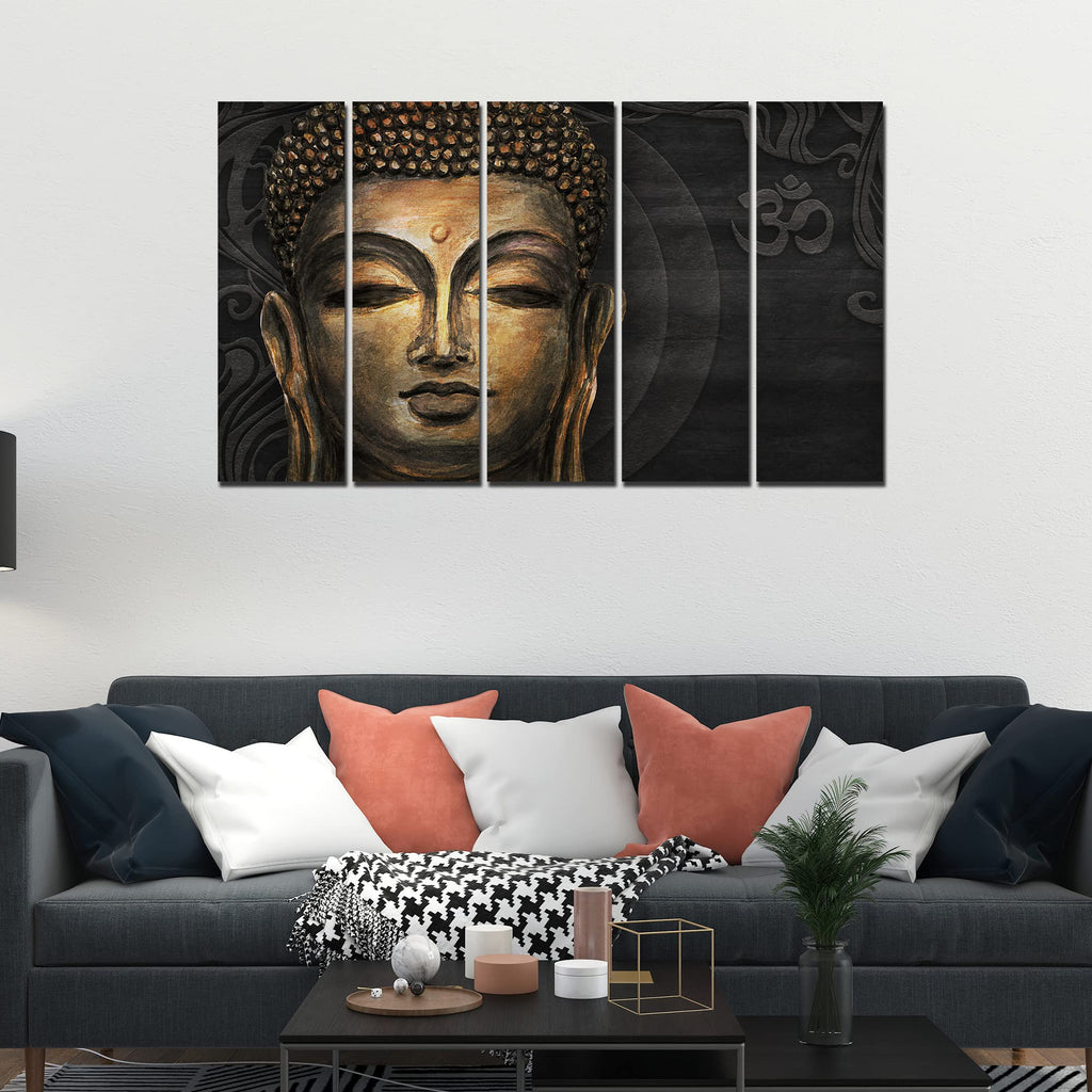 VIBECRAFTS Divine Gautam Buddha Face 5 Pieces Canvas Wall Painting For Home | Office | Living Room | Gift (PTVC5Pcs4_8527)