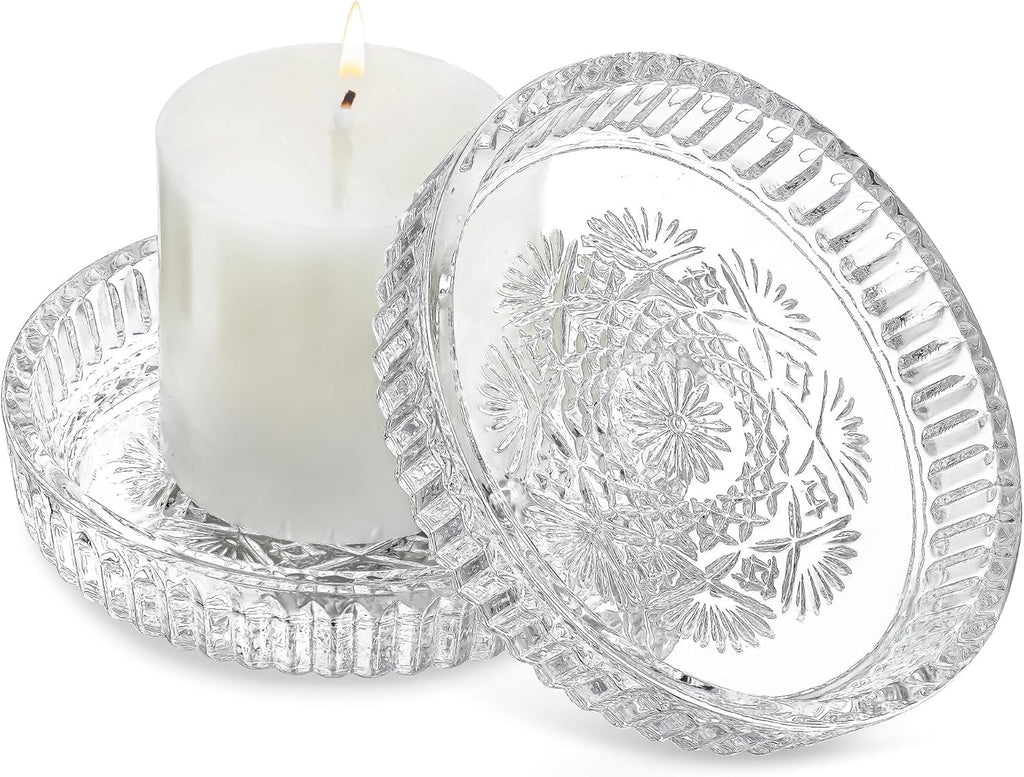 FUNKYFINDS Candle Plate 3.8 Inch Glass Candle Holders for Pillar Candles Candle Coaster Holder Round Candle Stand for Table Centerpieces, Wedding, Party, and Home Decor (Set of 2)