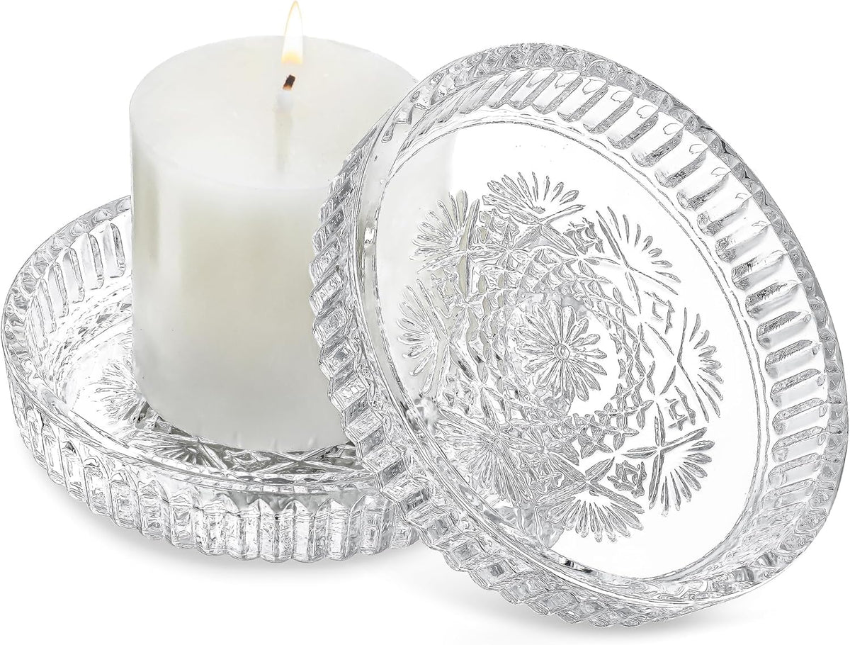 FUNKYFINDS Candle Plate 3.8 Inch Glass Candle Holders for Pillar Candles Candle Coaster Holder Round Candle Stand for Table Centerpieces, Wedding, Party, and Home Decor (Set of 2)
