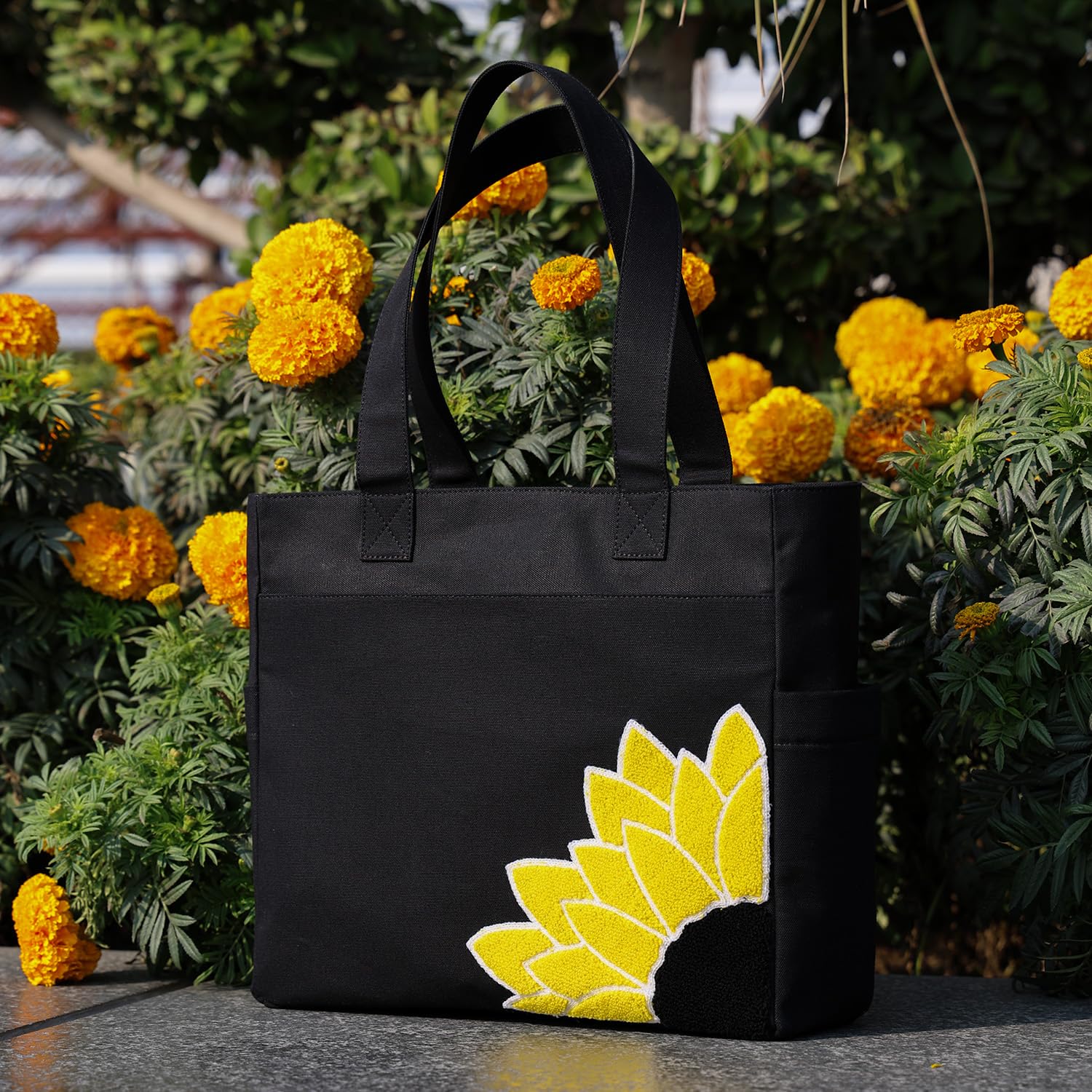 TSANTA U Shaped Canvas Tote Bag, 35.56x33.02 cm with 10.8 cm Gusset, Cotton, Zipper Closure, Laptop Compartment (sunflower)