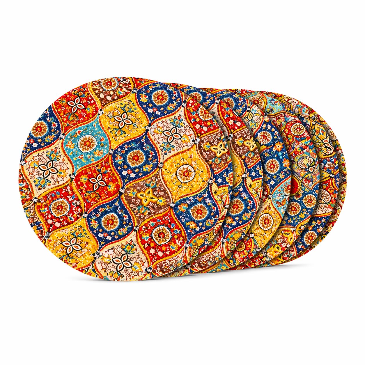 Premium Round Cotton Dining Table Mats Set of 6 | Washable Heat Resistant Food Mat | Circular Dining Table Hot Plate Mats & Coaster for Hot Utensil (14-inch, Printed Mandala/Multicolour) Kafalo