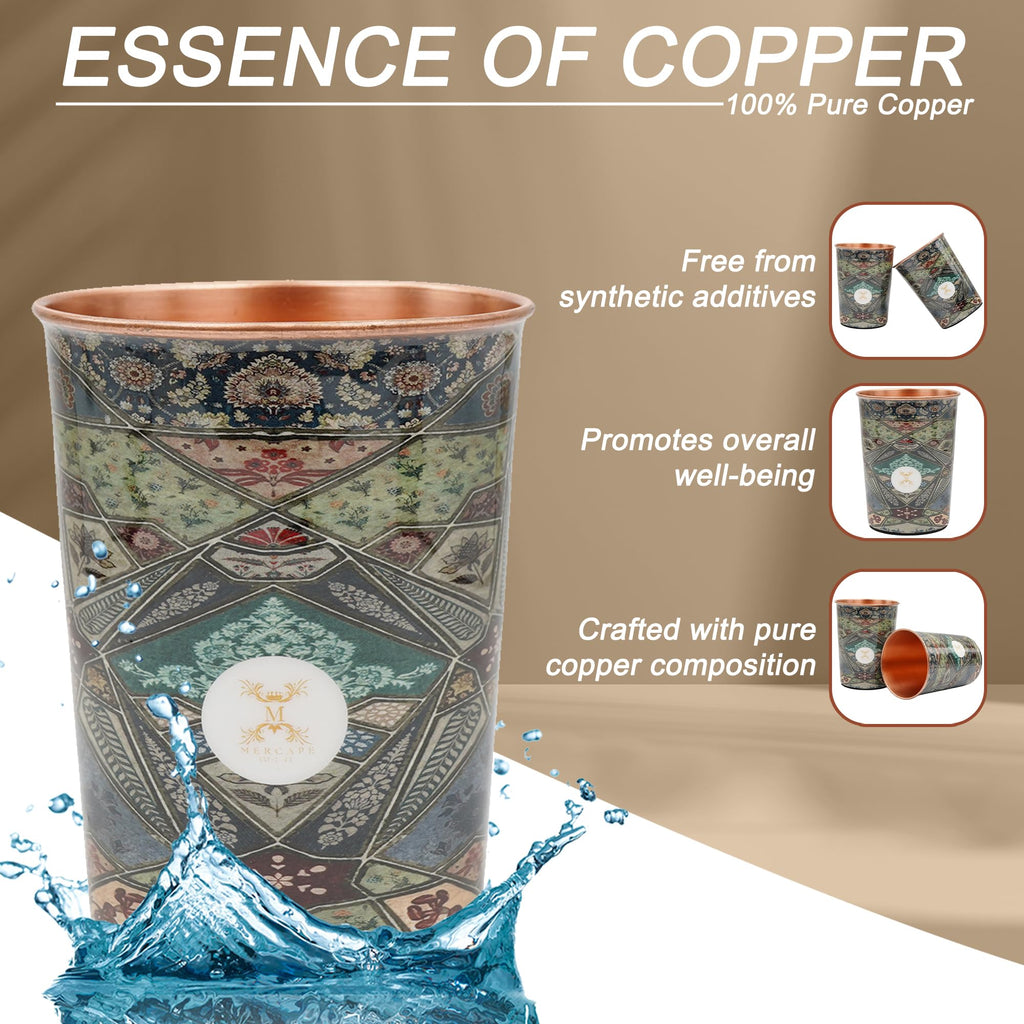 MERCAPE® 100% Pure Copper Glasses Set of 2 | Designer Meena Print | 300ml Each | Ayurvedic Benefits | Handmade Copper Tumblers for Daily Use & Gifting (Multiple Designs) (Persian Mosaic Design)