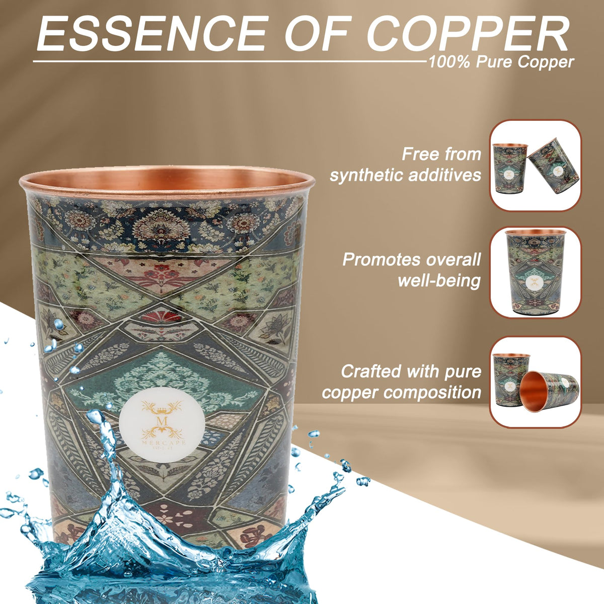 MERCAPE® 100% Pure Copper Glasses Set of 2 | Designer Meena Print | 300ml Each | Ayurvedic Benefits | Handmade Copper Tumblers for Daily Use & Gifting (Multiple Designs) (Persian Mosaic Design)