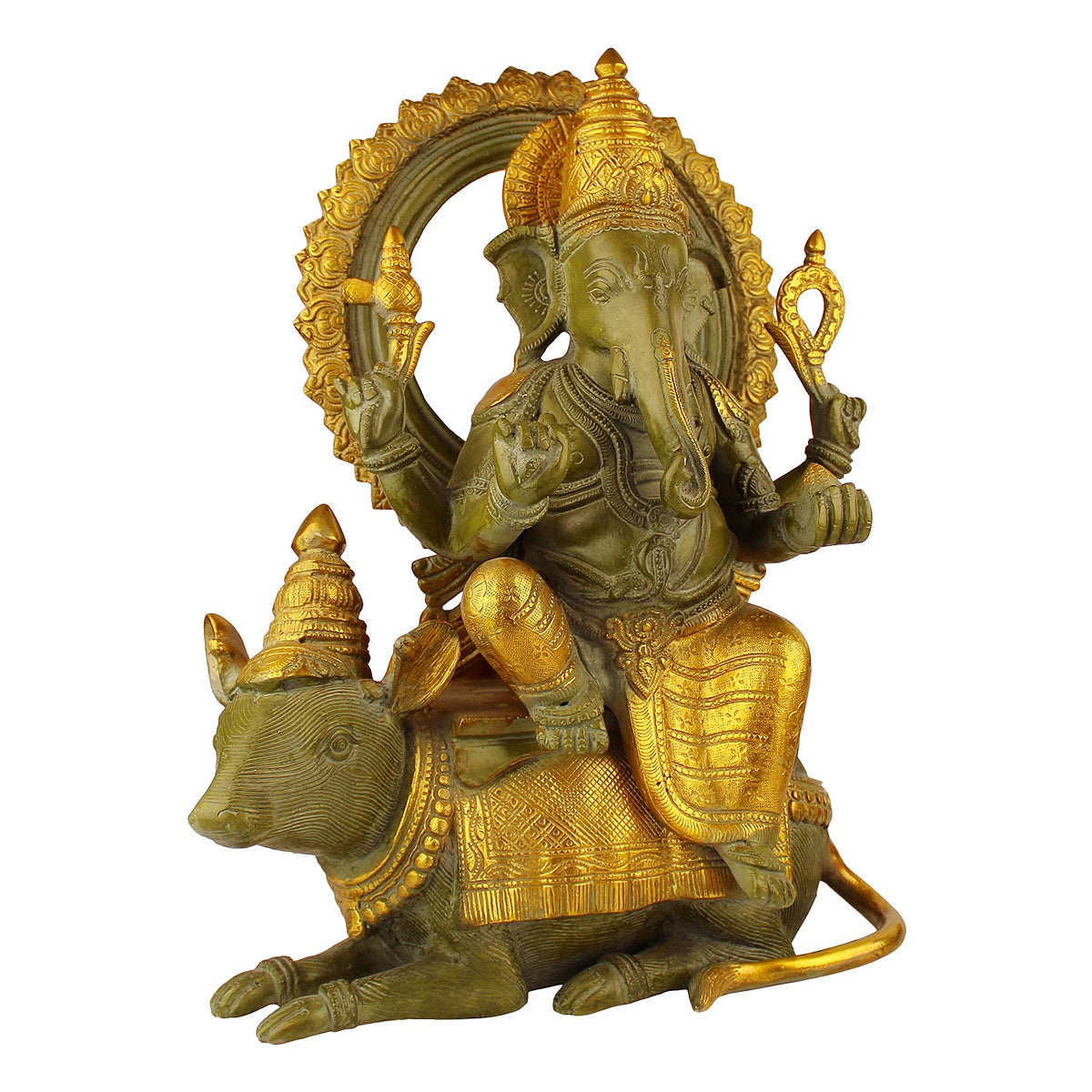 ARTVARKO Big Brass Lord Ganesha Bhagwan Idol Ganesh Statue for Living Room Decor Sitting on Mooshak Rat Sawari Home Entrance Decor Luck Gift Greenish & Gold Finish 16 Inches