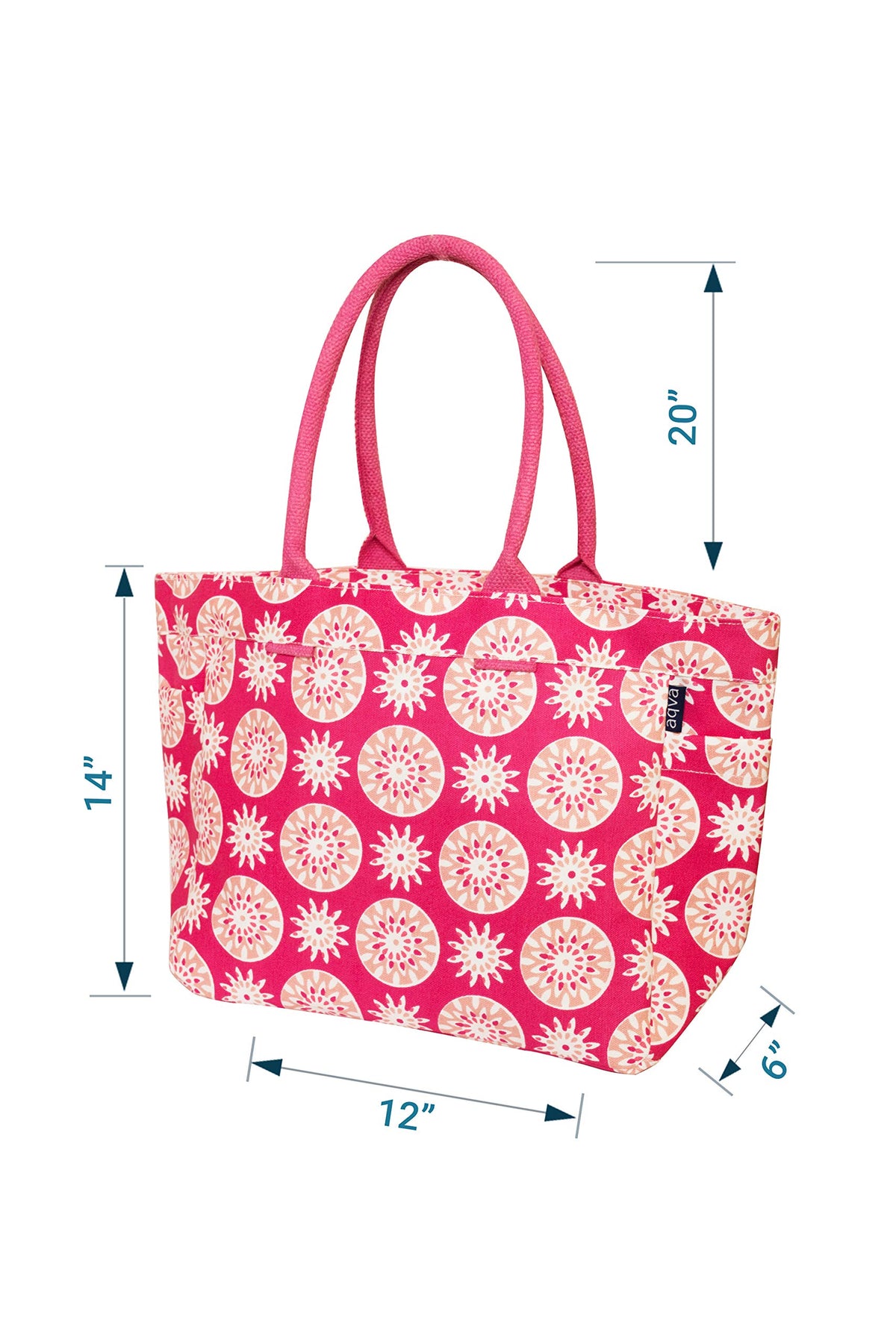 AQVA Cotton Canvas Tote Bag for Women with Side Pockets | Trendy Stylish Multipurpose Handbag with Zipper | Shoulder Bag for Shopping, Travel and Work | Motifs, Pink