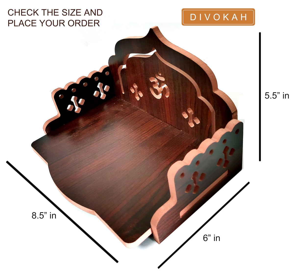 DIVOKAH® MDF Small Wooden Temple/wall Shelves/sinhasan/Pooja Stand/Hindola (8.5 in * 6 in * 5.5 in) (8 MM Plywood Thickness) (ROSWD_OMASAN)