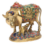 ARTVARKO Laxmi Ganesha Engraved Cow and Calf Statue Kamdhenu Gau MATA Brass Idol, Spiritual Vastu Nandi Pooja Decor, Gold Color 8 Inch
