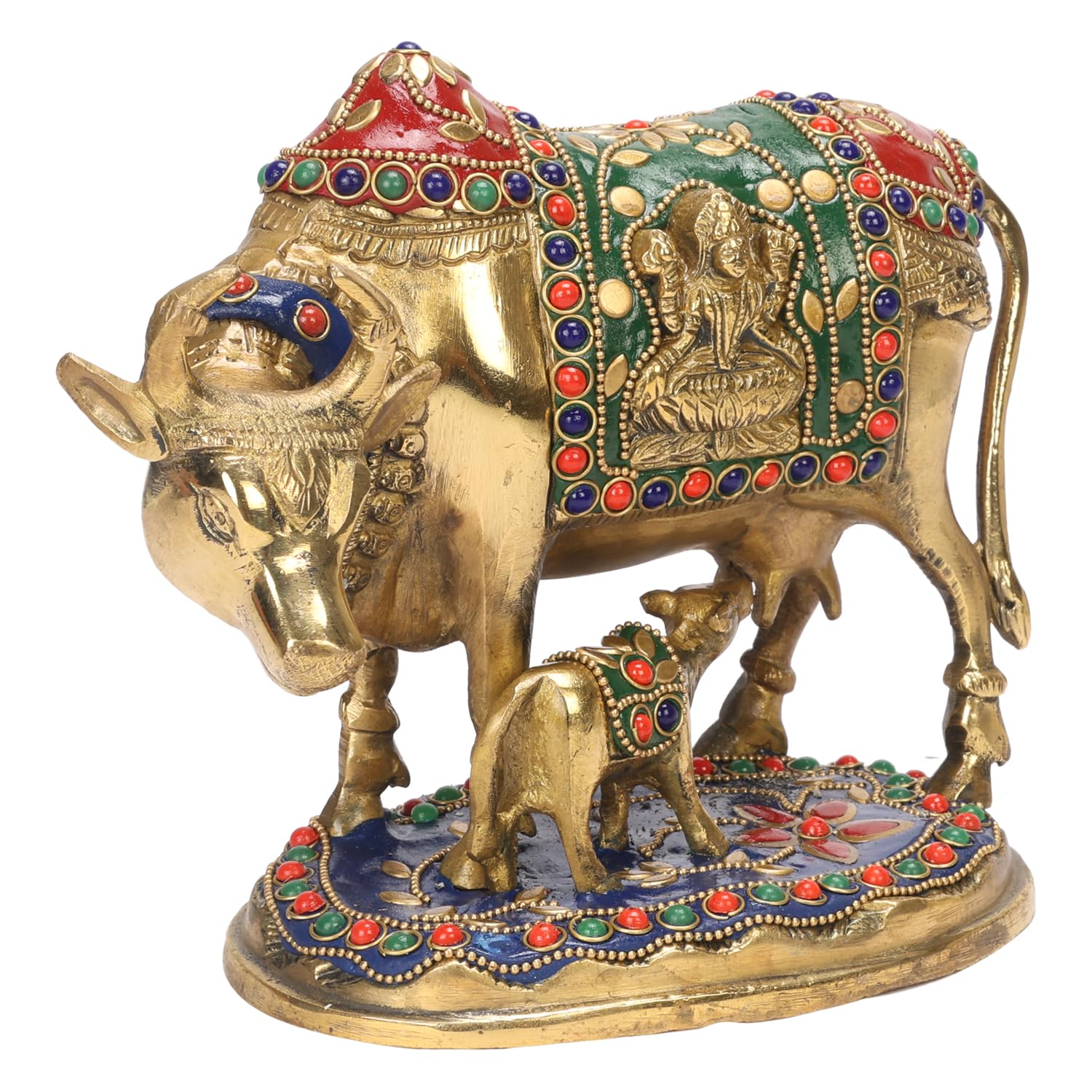 ARTVARKO Laxmi Ganesha Engraved Cow and Calf Statue Kamdhenu Gau MATA Brass Idol, Spiritual Vastu Nandi Pooja Decor, Gold Color 8 Inch
