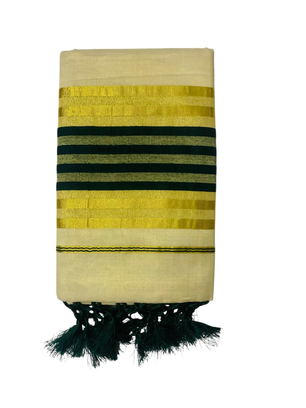 ALLUVY Women's Kuthampully Kerala Kasavu Saree Tissue striped zari with Kunjam | Kerala Tissue Kasavu saree onam latest collections | Stripe Kasavu Saree - Dark Green KTM-907