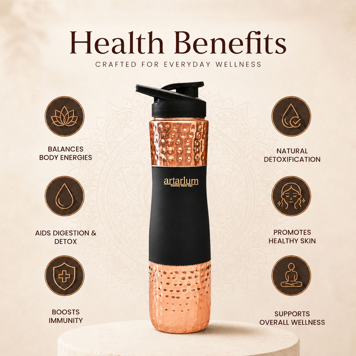 Artarium Sipper Bottle 100% Pure Lightweight Copper Water Bottle Leak Proof Protection Durable & Rust Proof Hammered Copper Bottle With Added Health Benefits (Sipper Water Bottle Black 1 Litre)