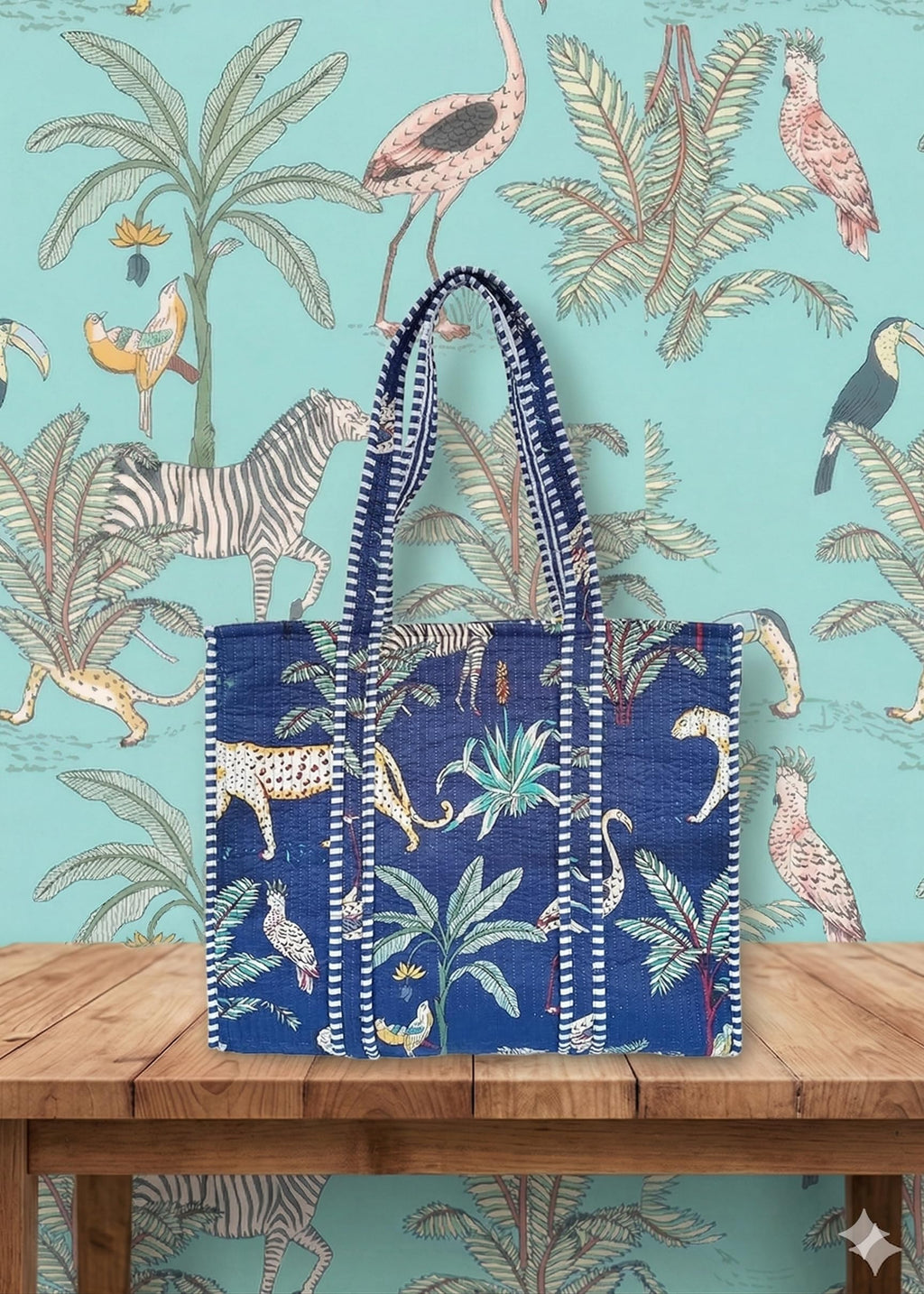 Rastogi Handicrafts Quilted Cotton Women Beautiful Printed Grocery Shopping Bag, Shoulder Bag, Tote Bag, Travel Bags, Dark Blue, 18X6X15 Inch