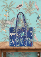 Rastogi Handicrafts Quilted Cotton Women Beautiful Printed Grocery Shopping Bag, Shoulder Bag, Tote Bag, Travel Bags, Dark Blue, 18X6X15 Inch