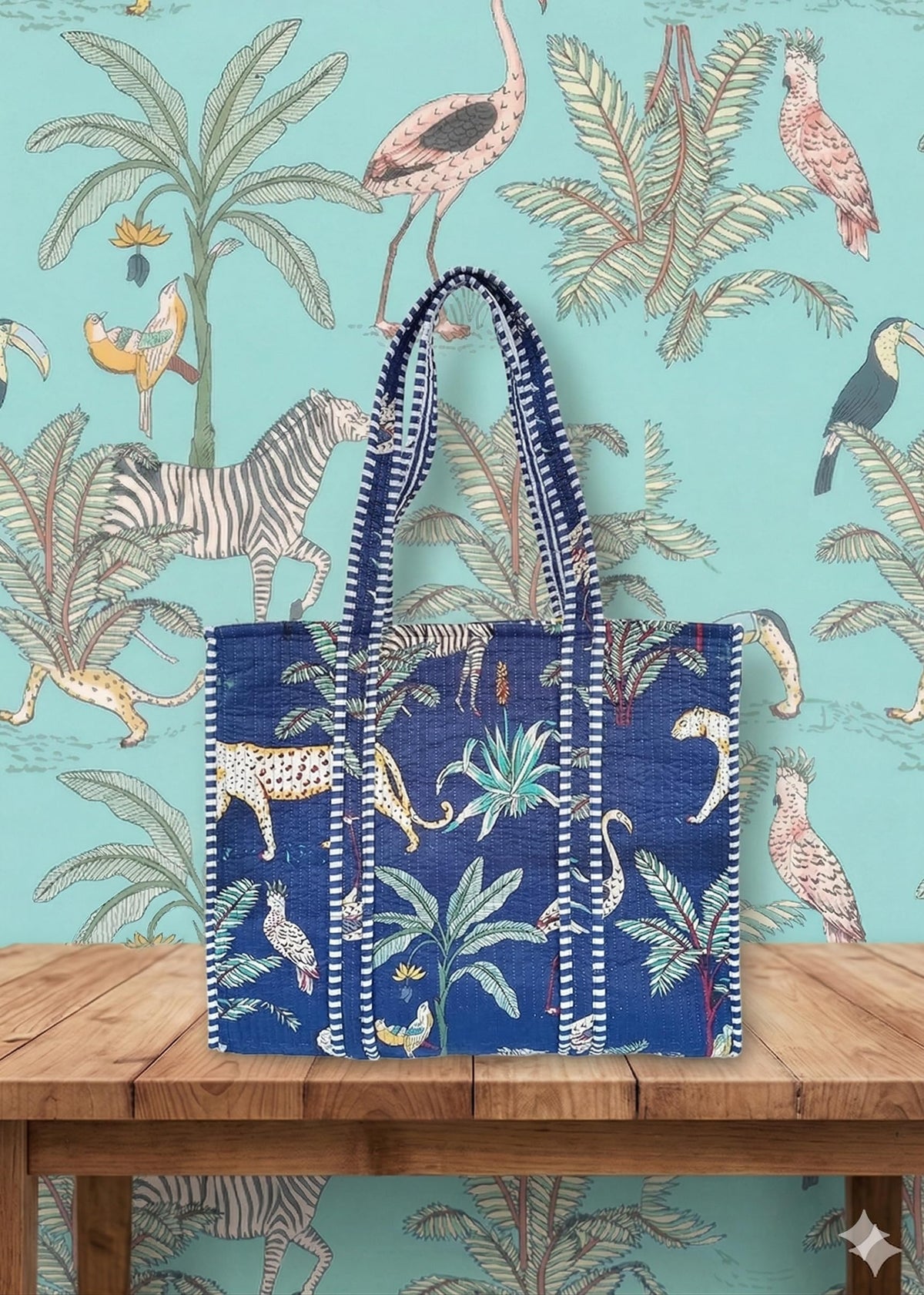 Rastogi Handicrafts Quilted Cotton Women Beautiful Printed Grocery Shopping Bag, Shoulder Bag, Tote Bag, Travel Bags, Dark Blue, 18X6X15 Inch