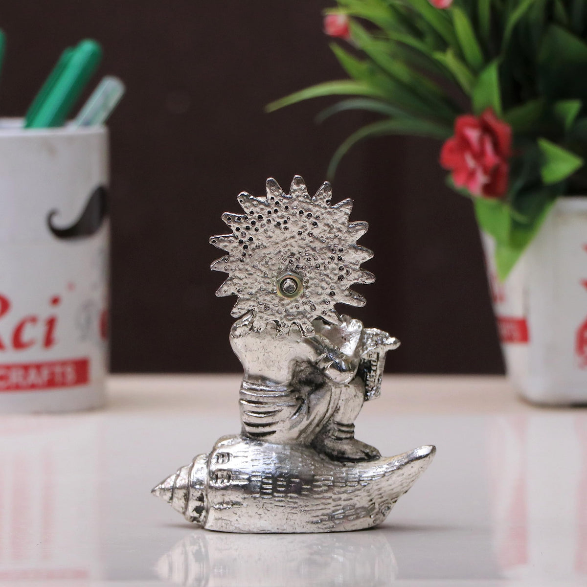 KridayKraft Lord Krishna On Shankh Metal Statue Bal Laddu Gopal Murti Playing Flute Decorative Showpiece for Pooja Room Home Office Decor Religious Idol Figurine for Study Table & Gifting Purpose