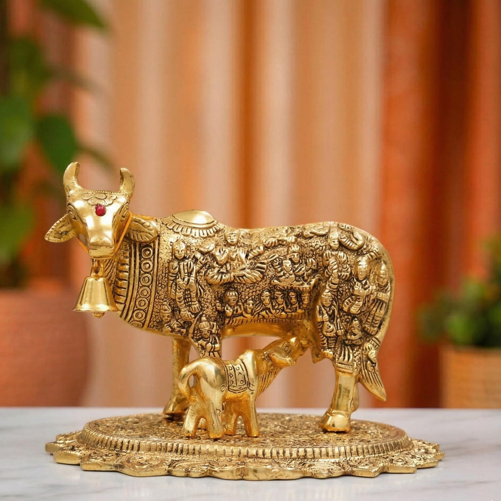Kamdhenu Cow with Calf Idol for Home Decor | Metal Cow Statue with Intricate Embossed Design | Vastu & Pooja Decorative Showpiece | Temple, Office, Housewarming & Gift Item