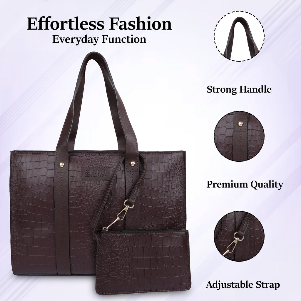 NUBUFF FASHION Womens croco Textured Shoulder Tote Bag (BROWN)