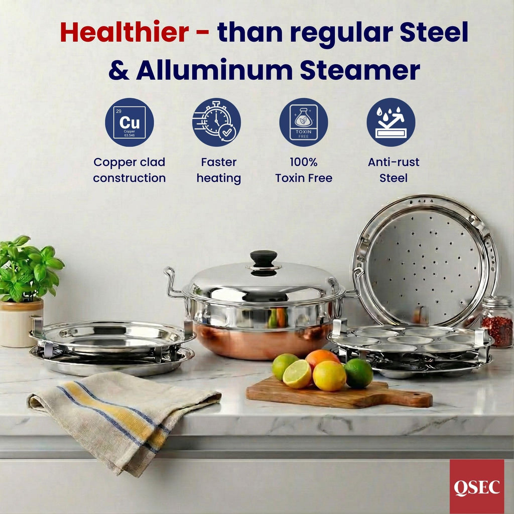 QSEC Stainless Steel 5 plate - 29 cm Idli Maker Multi Kadai with Copper Bottom, 5L Heavy Gauge Idli steamer set, 5 Plates (2 Idli, 2 Dhokla, 1 Momo & Patra Steamer ), Gas Stove , Food Grade, 2 Year Warranty
