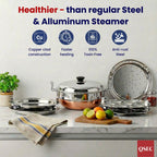 QSEC Stainless Steel 5 plate - 29 cm Idli Maker Multi Kadai with Copper Bottom, 5L Heavy Gauge Idli steamer set, 5 Plates (2 Idli, 2 Dhokla, 1 Momo & Patra Steamer ), Gas Stove , Food Grade, 2 Year Warranty