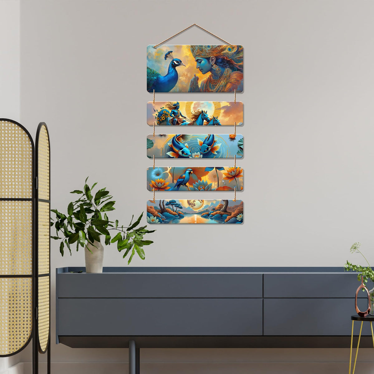 Artvibes Krishna and Nature Wall Hanging Home Decorative Wall Art for Living room | Spiritual Decor Items | Handcrafted Art | Wall Poster | Artwork| Stylish Modern Decor Item | Gift Items (WH_6736N)
