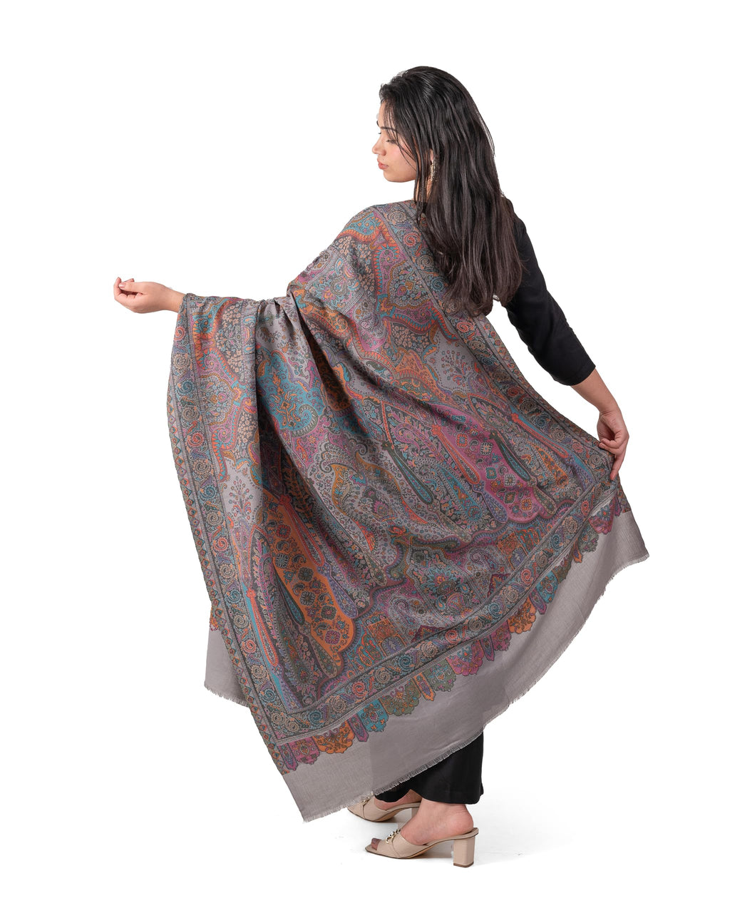 Naureen Women Pashmina Blend Kani Shawl with Paisley and Floral Artwork, Warm and Soft, 40x80 inches (Grey)