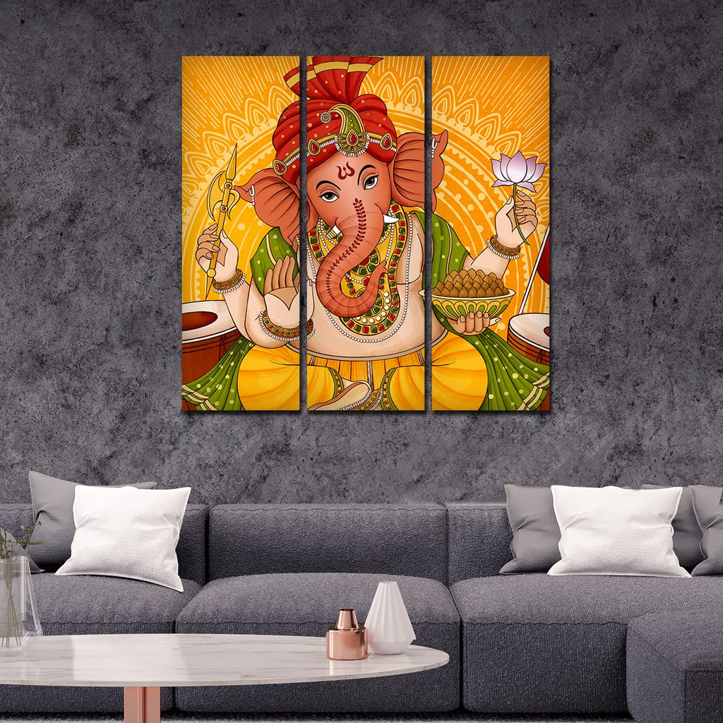 VIBECRAFTS 3 Pieces Shree Ganesh Ji Canvas Wall Painting Fitted With Wooden Frame For Home | Office | Living Room | Gifts (PTVC3Pcs1_9559)