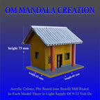 Om Mandala Creation Miniature Village Hut Model with LED Light, 75mm Height, Yellow Acrylic Paint, Corrugated Silver Roof