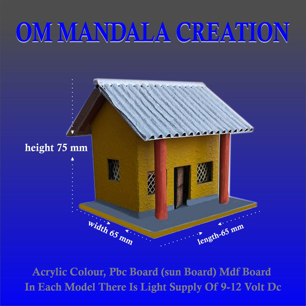 Om Mandala Creation Miniature Village Hut Model with LED Light, 75mm Height, Yellow Acrylic Paint, Corrugated Silver Roof
