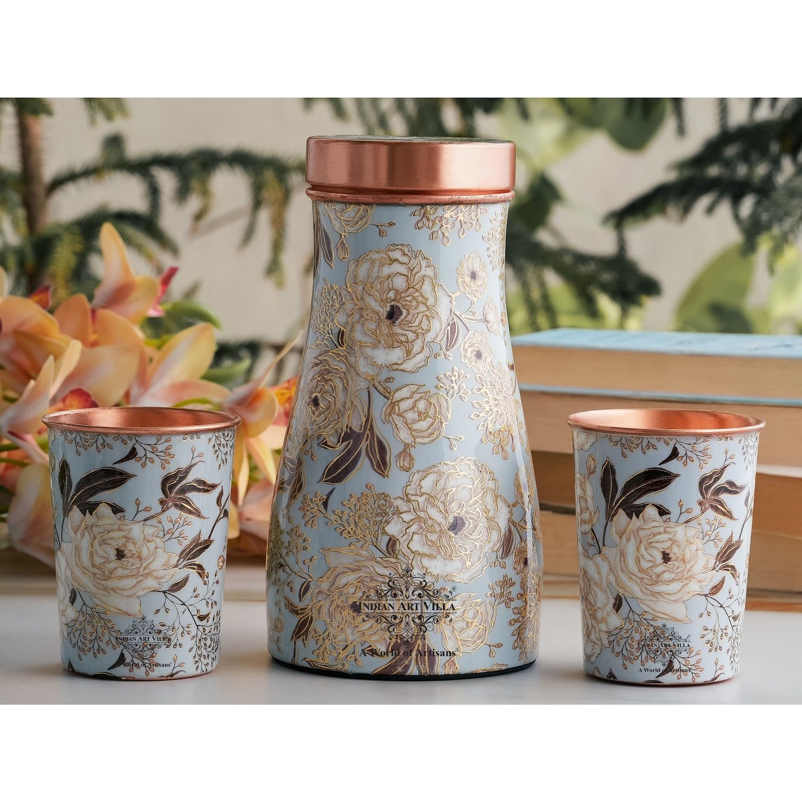 INDIAN ART VILLA Copper Gold Printed Bedroom Bottle with 2 Glass Set – 900 ML Bottle & 300 ML Glasses, Ayurvedic Drinkware Gift Set for Home, Office, and Gifting
