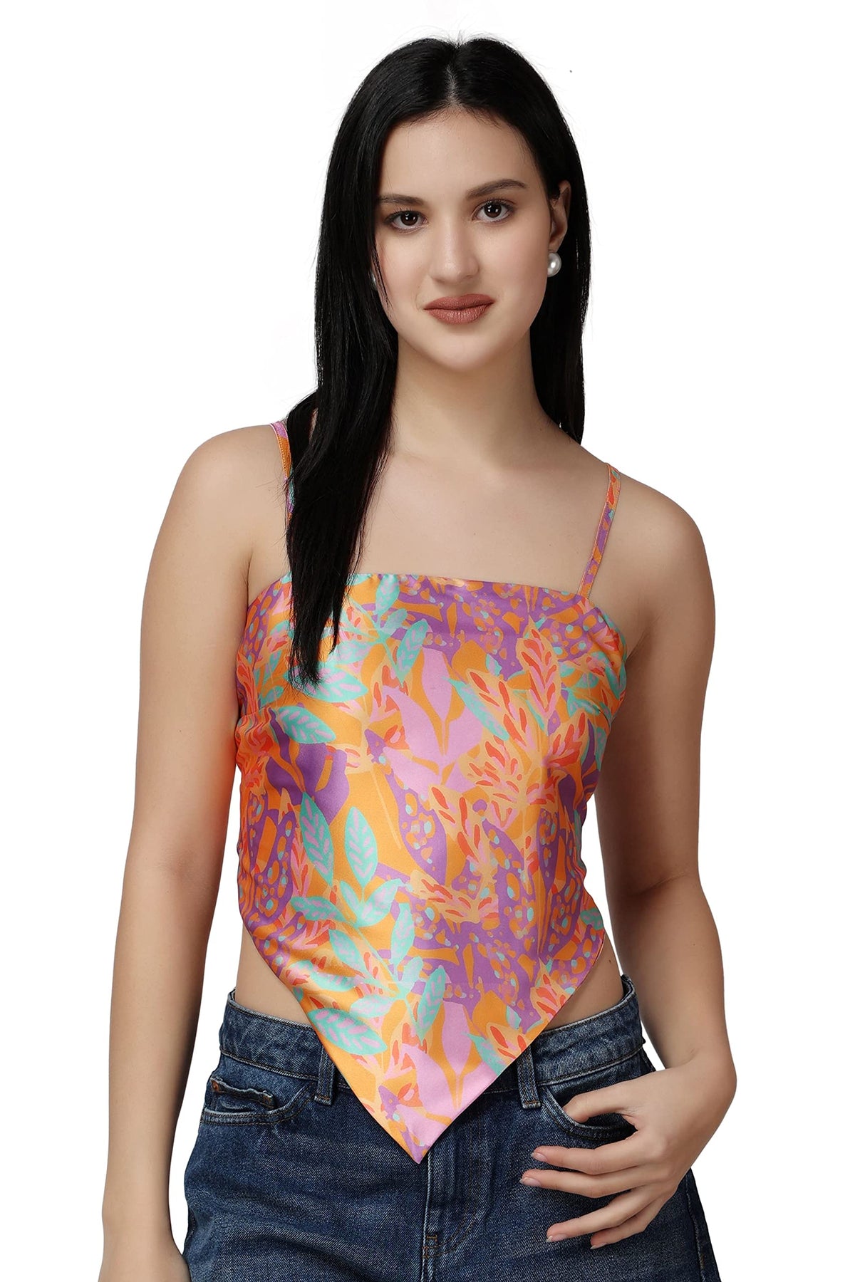 POPWINGS Women Casual Multicolor Printed Satin Scarf Knot Solid Crop Regular Fit Top, XL