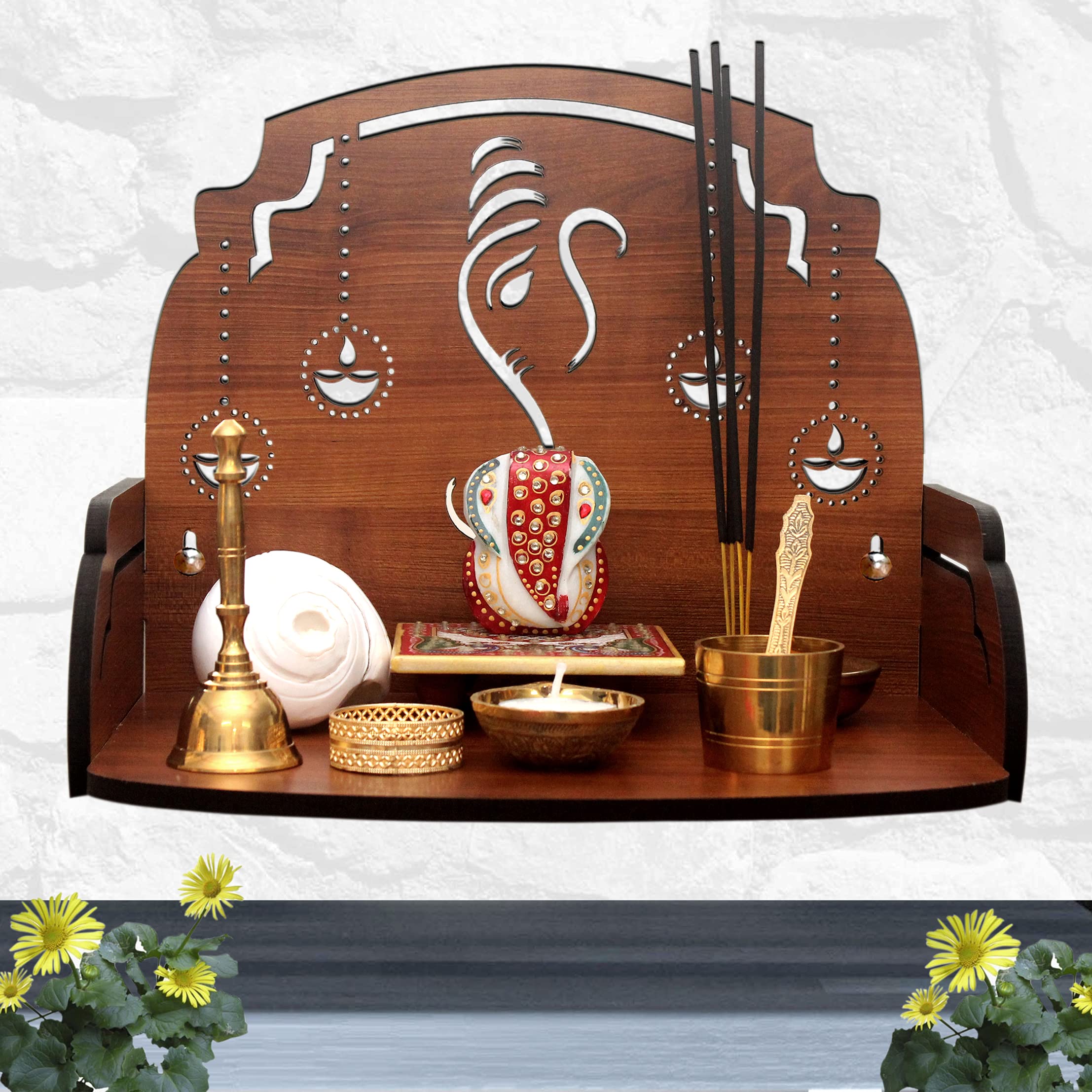 Heartily® Ganesh Diya Beautiful Wooden Pooja Stand Mandir for Home Temple for Office Puja Mandir for Home Wall Product (Height- 9.5, Length- 12, Width-8.5 Inch)