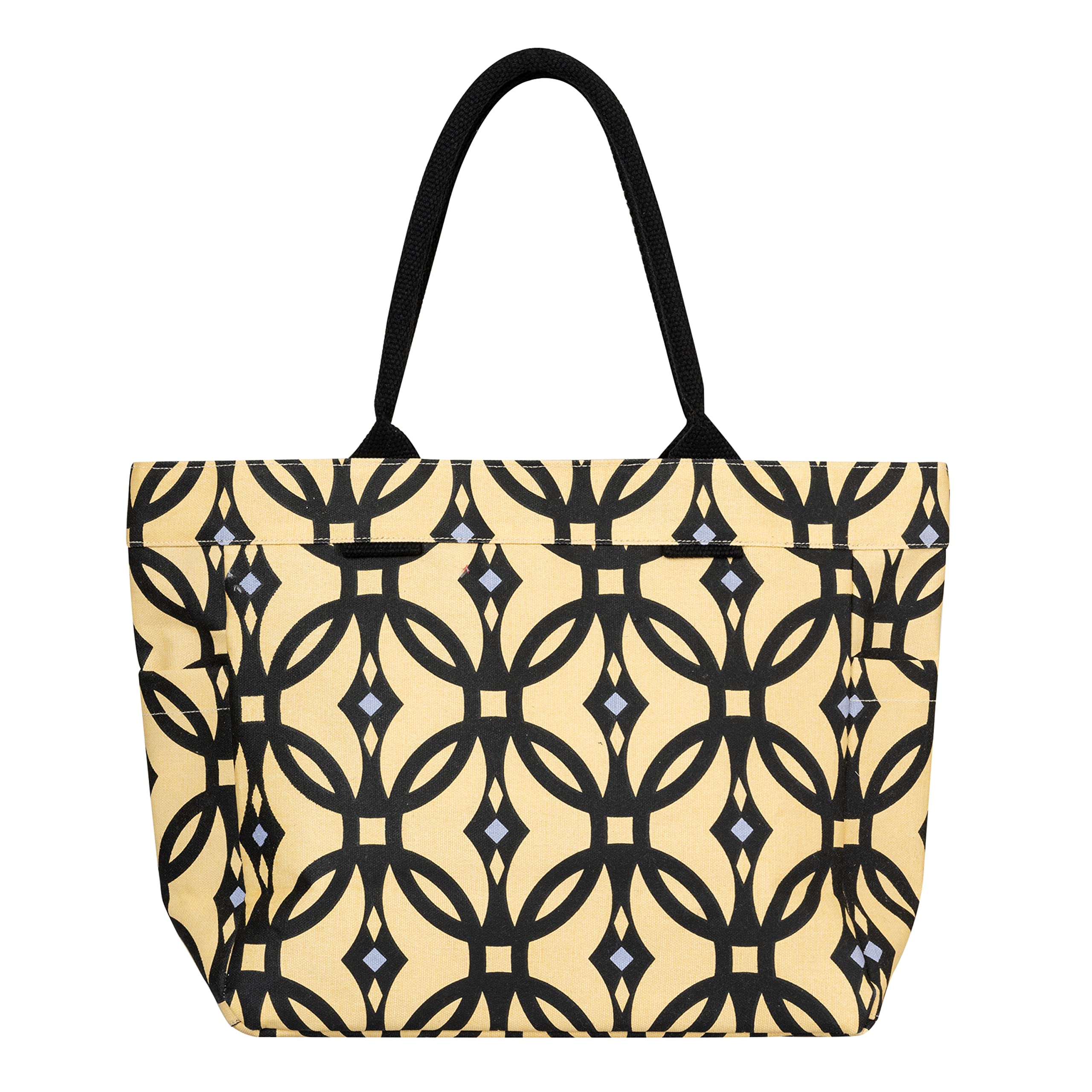 AQVA Cotton Canvas Tote Bag for Women with Side Pockets | Trendy Stylish Multipurpose Handbag with Zipper | Shoulder Bag for Shopping, Travel and Work | Jaali, Black