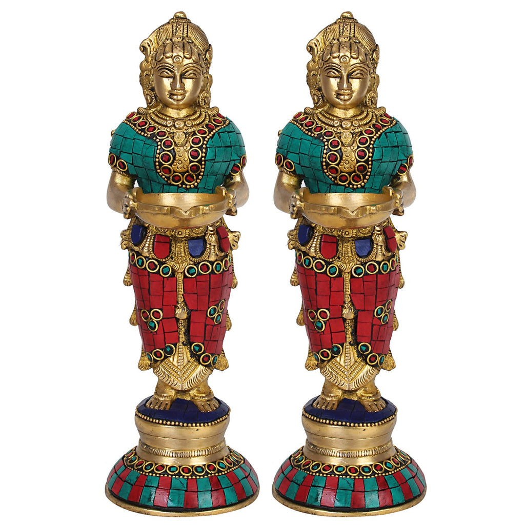 Artvarko Brass Deep Laxmi Pair (Set of Two) Deeplaxmi Devi Meenakshi Diya Lady Holding Oil Lamp Diwali Gift Multicolor 9 Inch