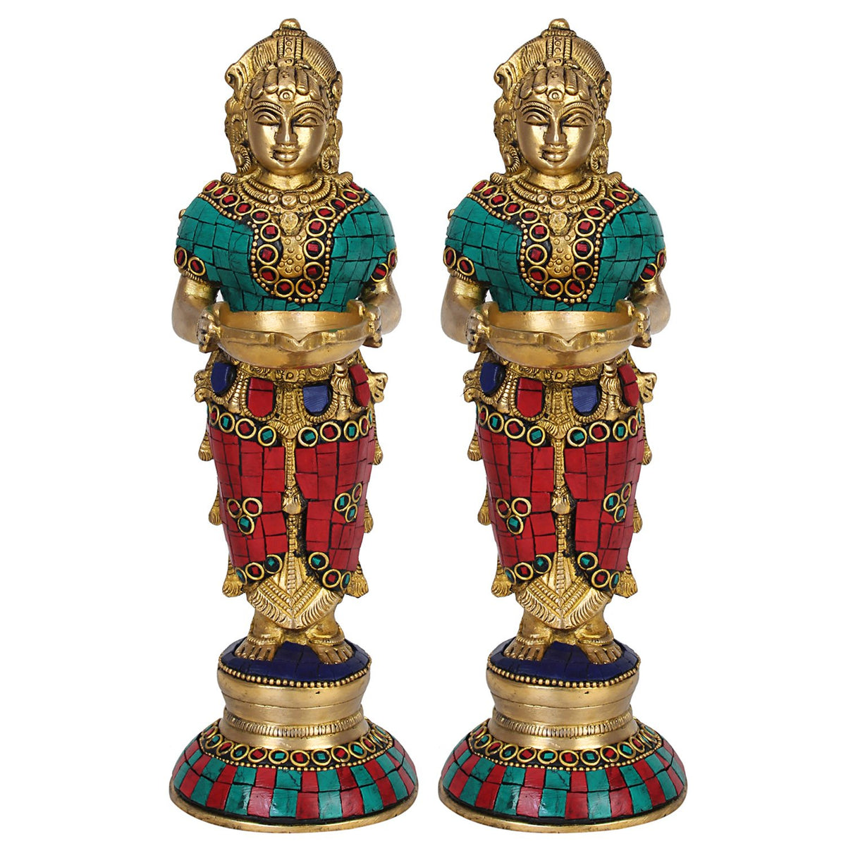Artvarko Brass Deep Laxmi Pair (Set of Two) Deeplaxmi Devi Meenakshi Diya Lady Holding Oil Lamp Diwali Gift Multicolor 9 Inch
